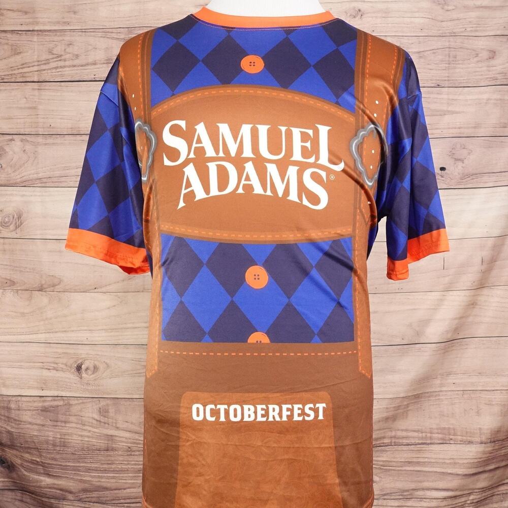 Samuel Adams Shirt Adult XL Brown Octoberfest Lederhosen Graphic Beer Promo Tee‎